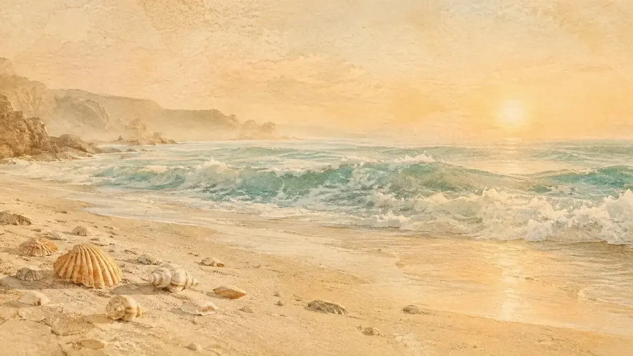 手绘纸感海岸插画：暖阳洒在散落贝壳的沙滩上，薄雾青海浪轻轻涌动