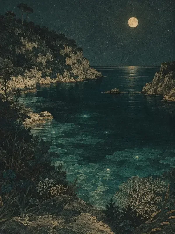 无人知晓的珊瑚湾封面：夜色中隐秘的珊瑚海湾与水下微光